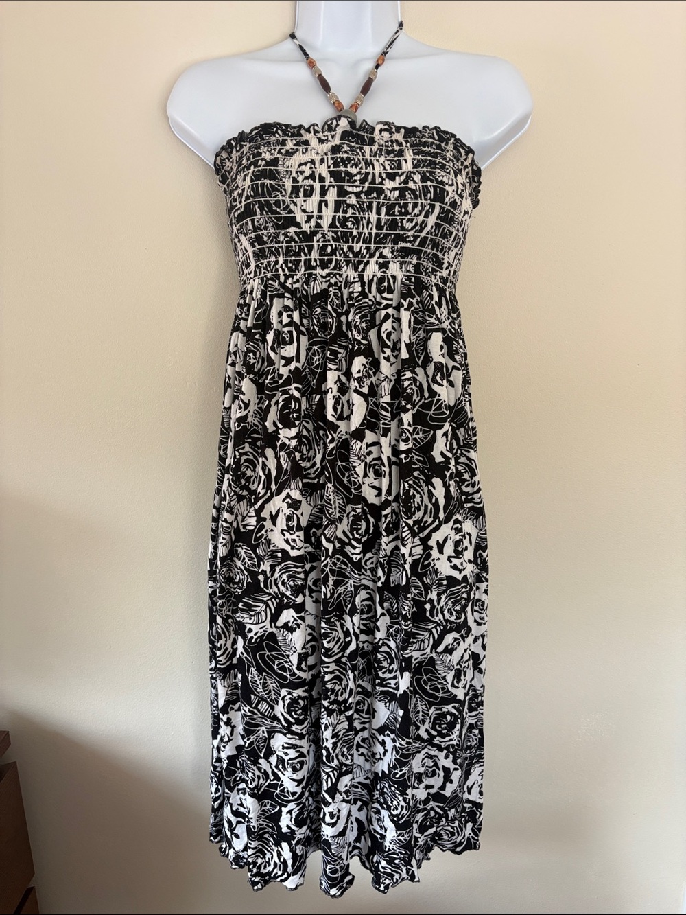 Black and White Strapless Floral Midi Dress